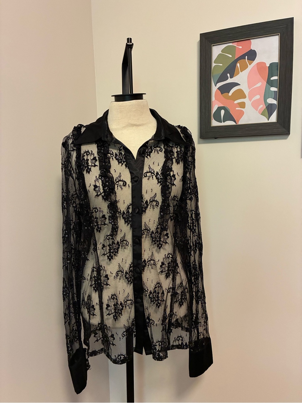 Sheer Black Lace Button-Front Women's Top